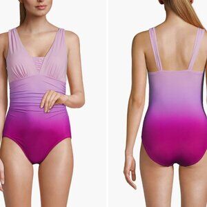 Lands End Womens One-Piece Swimsuit Size 8 Pink Purple Ombre Ruched Front Padded